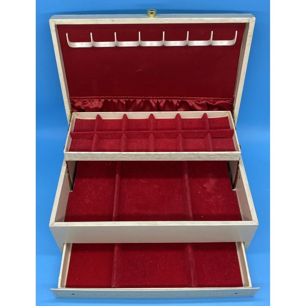 Vintage MCM 3 Tier Jewelry Box Cream Leatherette Red Velvet Cantilever Pop Up